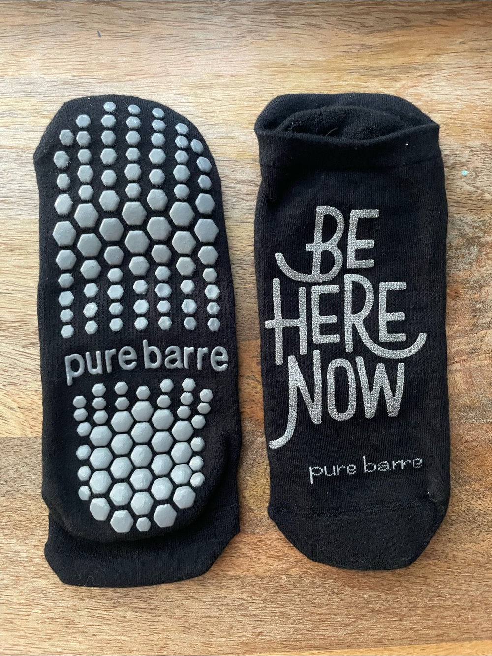 Pure Barre “BE HERE NOW” Black Low Rise Grip Socks with Silver Lettering NWOT